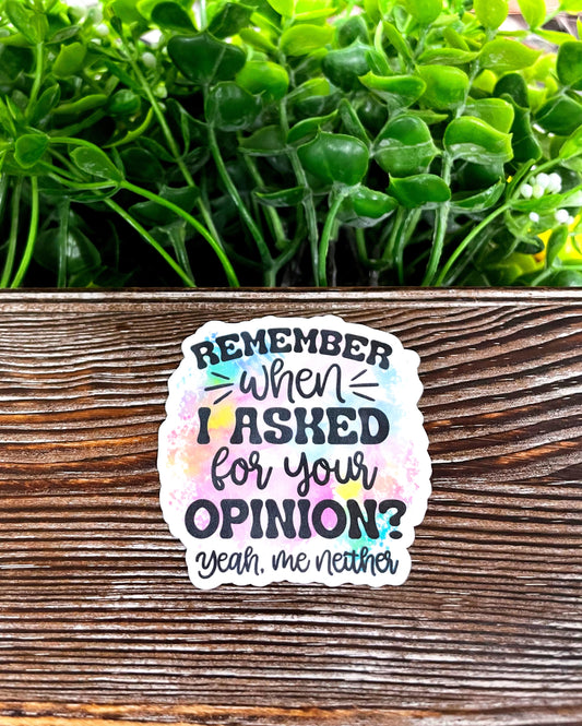 Snarky Sarcasm Quote, Die Cut Vinyl Sticker, , Boho Fun, Water Resistant, Remember When I Asked Your Opinion Yeah Me Neither |Sticker or Magnet