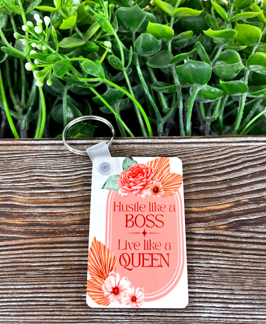 Hustle Like a Boss, Live like a Queen, MDF Rectangle Keychain, , Boho Fun, Sublimation, Floral Pink Theme, Motivational Positive - Handmade by Marlayna