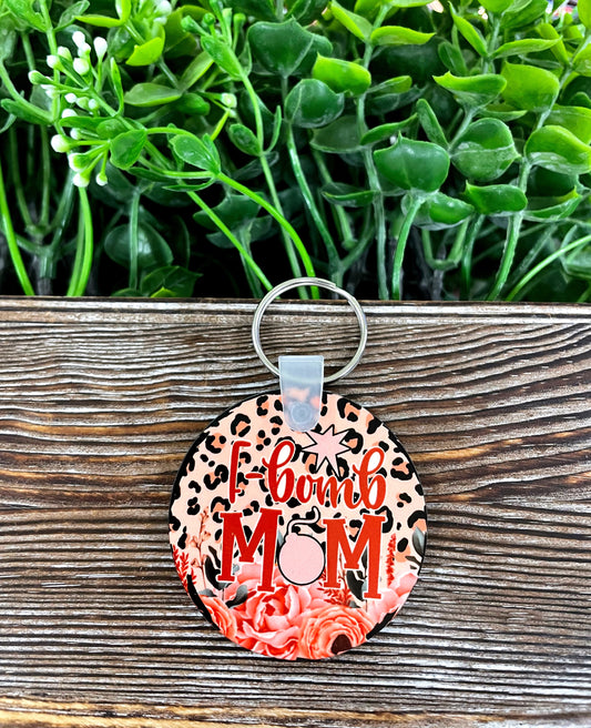 F-Bomb Mom, MDF Round Keychain, , Boho Fun, Sublimation, Floral Cheetah Print - Handmade by Marlayna