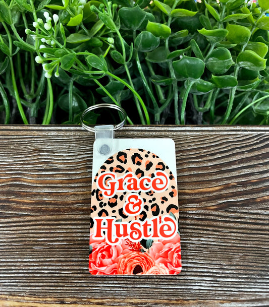 Grace and Hustle, MDF Rectangle Keychain, , Boho Fun, Sublimation, Floral Pink Theme, Motivational Positive - Handmade by Marlayna