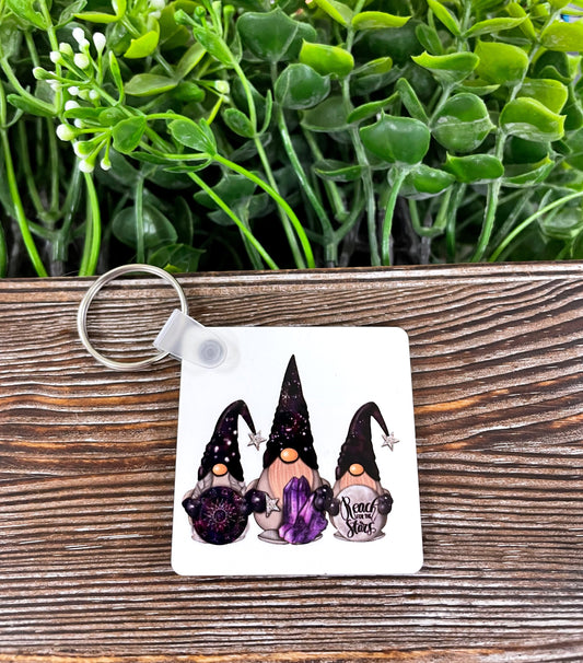 Cosmic Mystic Gnomes w/ Crystals, MDF Square Keychain, , Boho Fun, Sublimation - Handmade by Marlayna