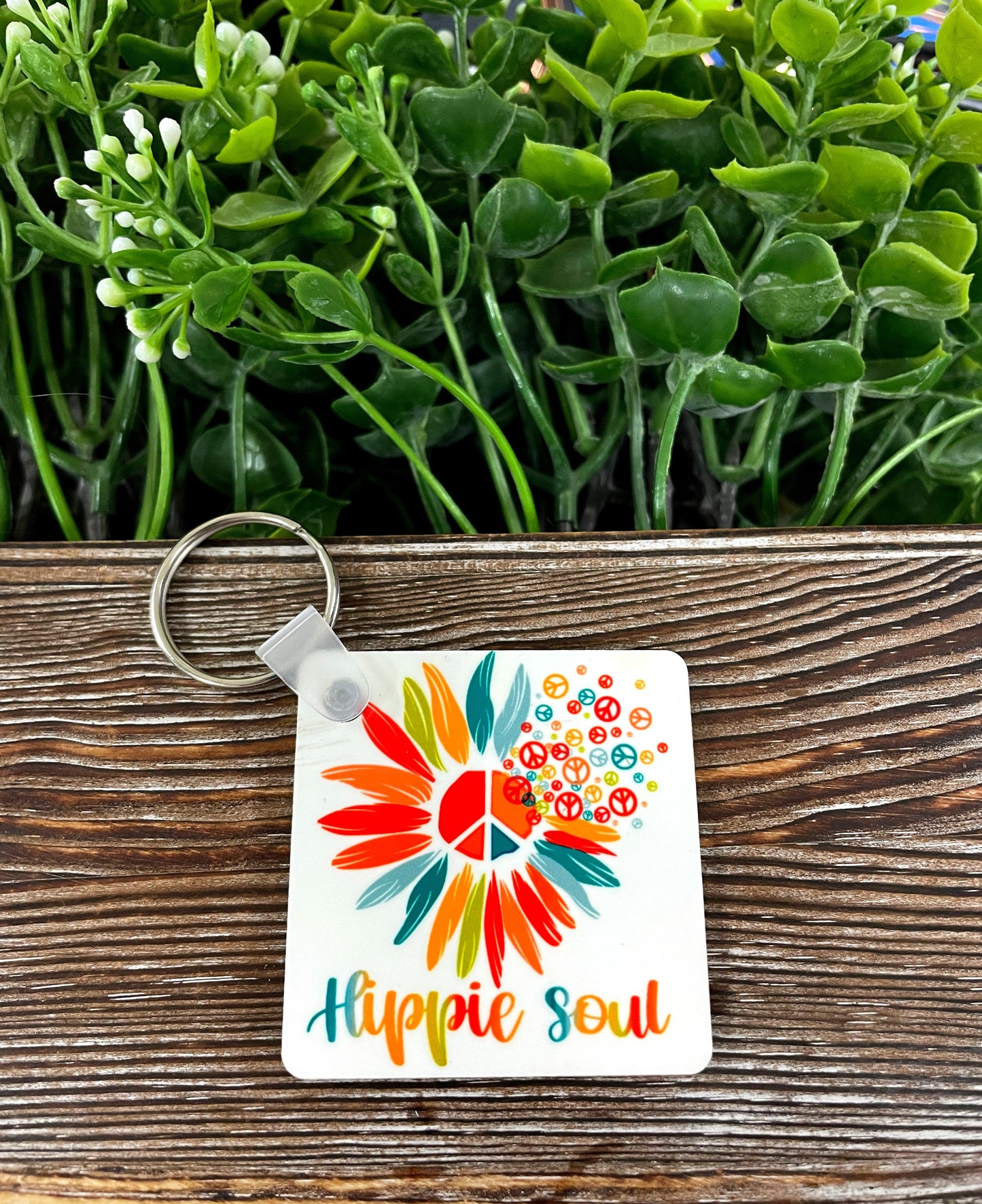 Hippie Soul, MDF Square Keychain, , Boho Fun, Flowers Peace Signs - Handmade by Marlayna