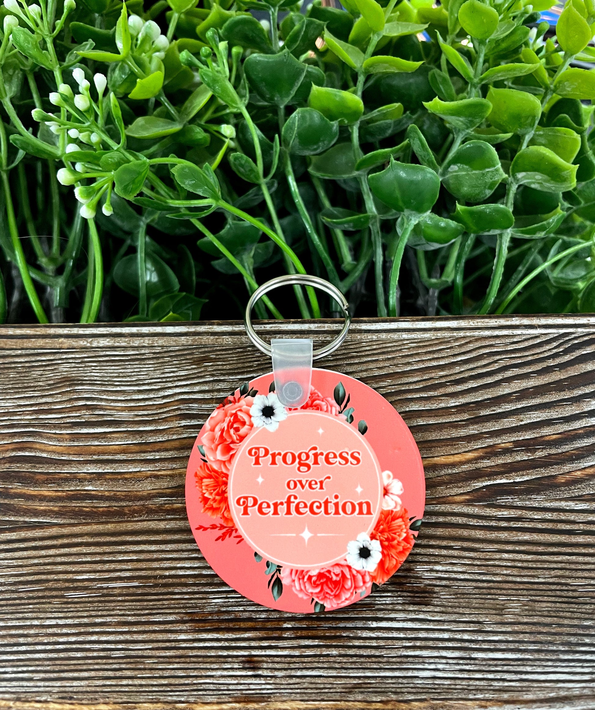 Progress over Perfection, MDF Round Keychain, , Boho Fun, Sublimation, Floral Pink Theme, Motivational Positive - Handmade by Marlayna
