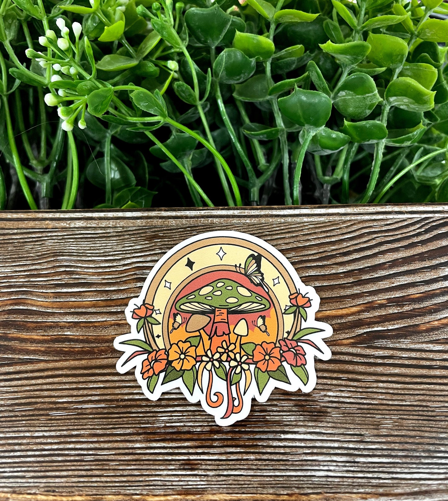Horseshoe Mushroom Flowers, Die Cut Vinyl Sticker, Boho Fun, Water Resistant, Green Shrooms |Sticker or Magnet