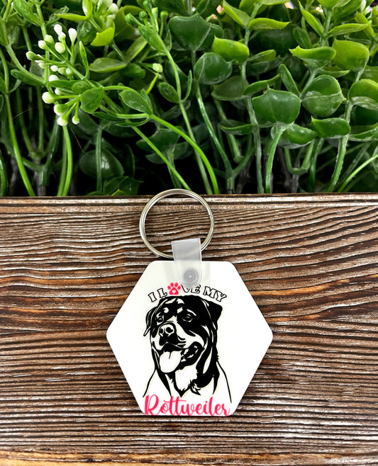 I Love my Rottweiler, MDF Hexagon Keychain, , Boho Fun, Sublimation, dog mom love dogs - Handmade by Marlayna