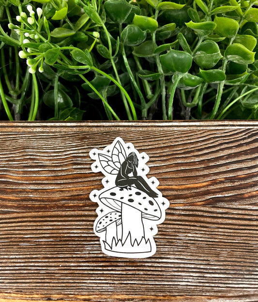Pensive Fairy Sitting on a Mushroom, Die Cut Vinyl Sticker, Boho Fun, Water Resistant, Toadstool Fungi |Sticker or Magnet