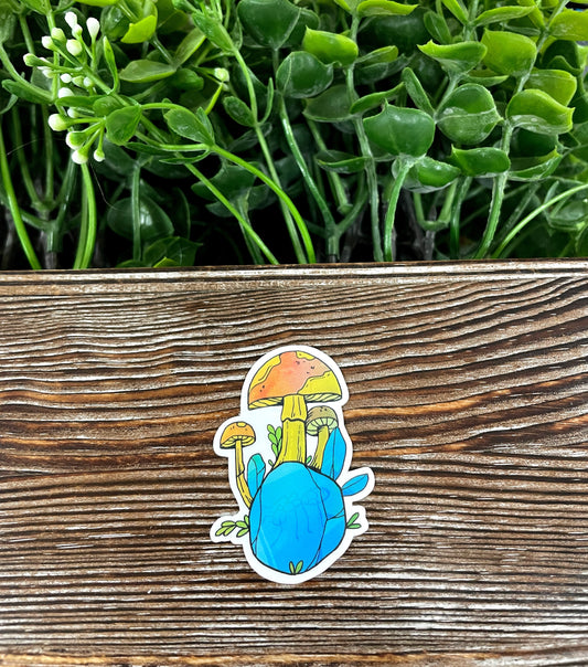 Mushrooms Growing from Blue Crystal, Die Cut Vinyl Sticker, Boho Fun, Water Resistant, Green Fungi |Sticker or Magnet