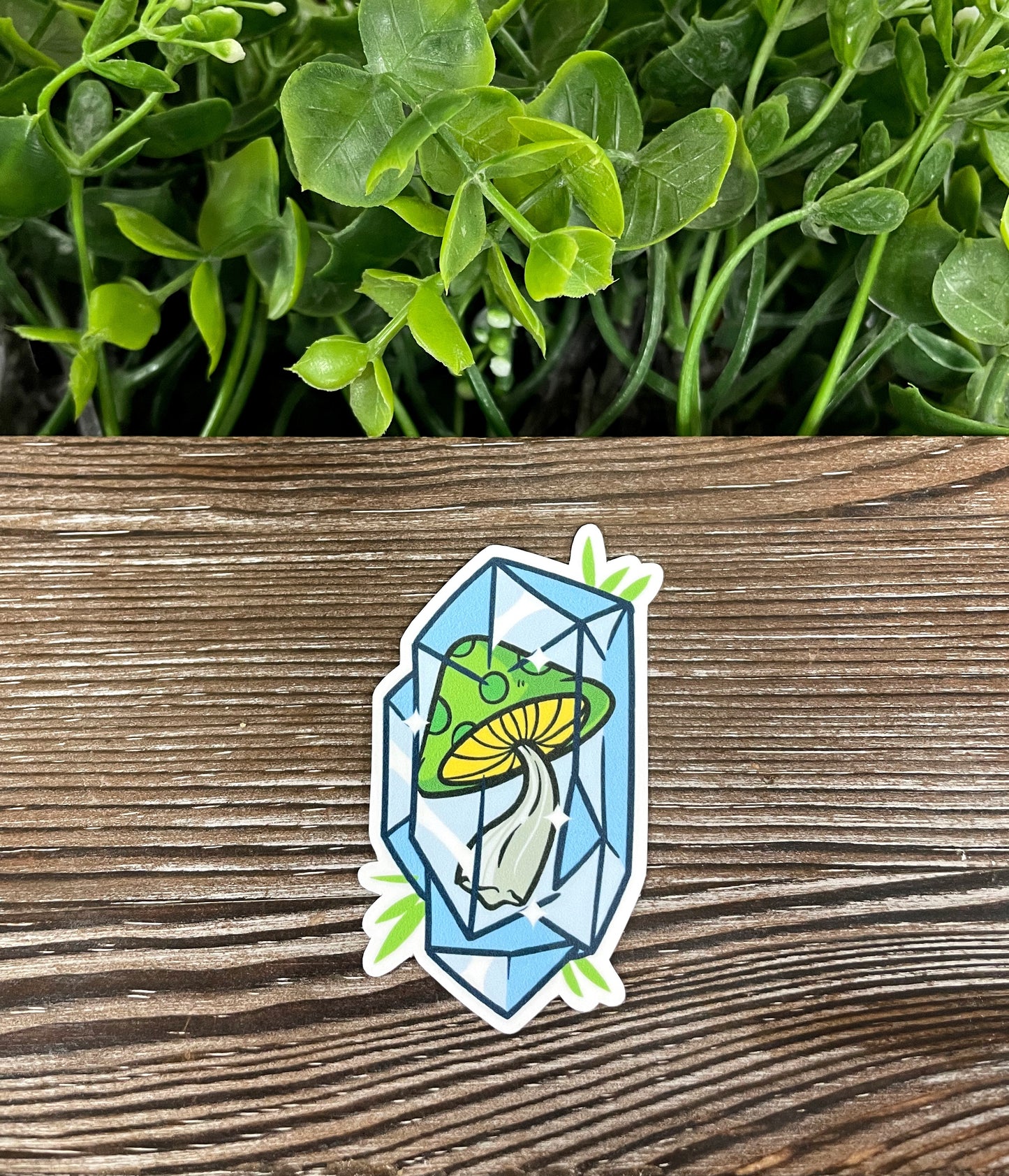 Green Mushroom Encased in Blue Crystal, Die Cut Vinyl Sticker, Boho Fun, Water Resistant, Fungi Shrooms Toadstool |Sticker or Magnet