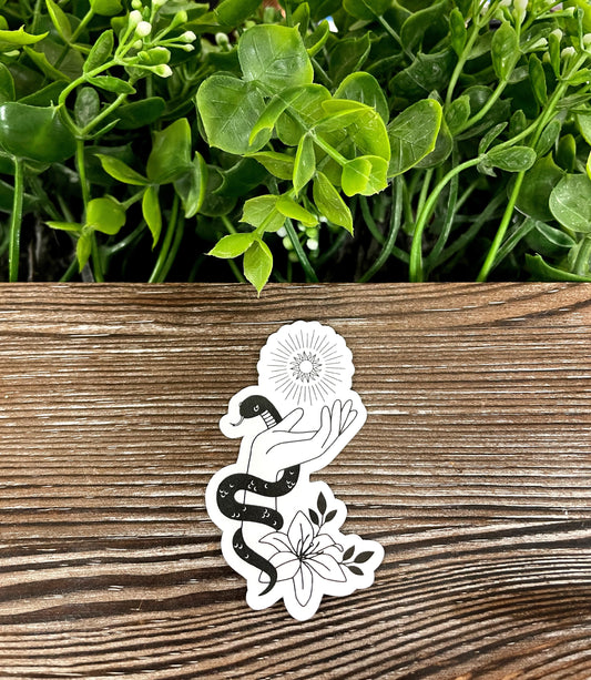 Snake Twisted Around Hand, Die Cut Vinyl Sticker, Boho Fun, Water Resistant, Mystical Witchy Magic |Sticker or Magnet