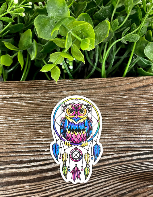 Colorful Owl Dreamcatcher, Die Cut Vinyl Sticker, Boho Fun, Water Resistant, Mystical Witchy Magic, Pink Blue Yellow |Sticker or Magnet