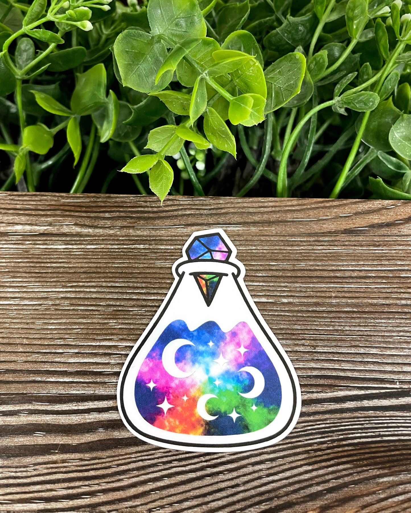 Cosmic Space Potion Bottle, Die Cut Vinyl Sticker, Boho Fun, Water Resistant, Mystical Witchy Magic, Blue Green Purple, Crystal Stopper |Sticker or Magnet