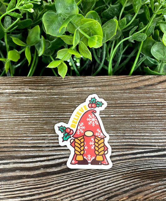 Christmas Mistletoe Gnome Believe, Die Cut Vinyl Sticker, Boho Fun, Water Resistant, Winter Season Xmas |Sticker or Magnet