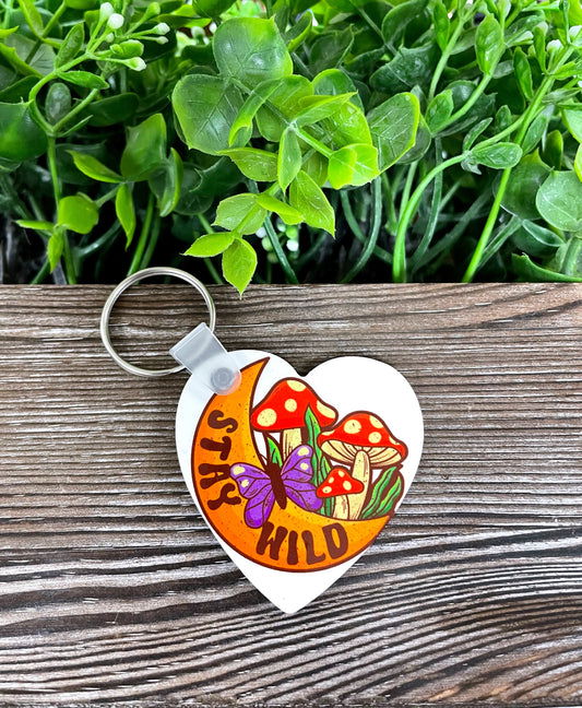 Stay Wild Crescent Moon, MDF Heart Keychain, , Boho Fun, Mushrooms Fungi Toadstools - Handmade by Marlayna