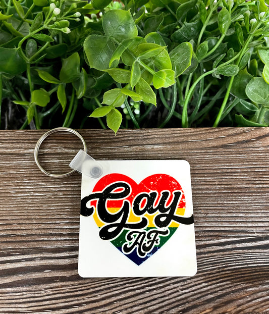 Rainbow Heart Gay AF, MDF Square Keychain, , Boho Fun, Human Rights Equality Women Support - Handmade by Marlayna