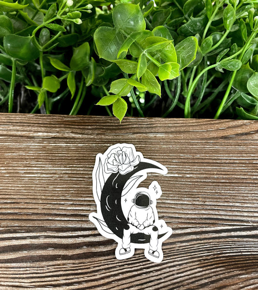 Astronaut Sitting on Crescent Moon, Die Cut Vinyl Sticker, Boho Fun, Water Resistant, Night Sky Moon Space |Sticker or Magnet