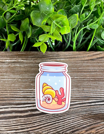 Seashells in a Mason Jar, Die Cut Vinyl Sticker, Boho Fun, Water Resistant, Ocean Water |Sticker or Magnet