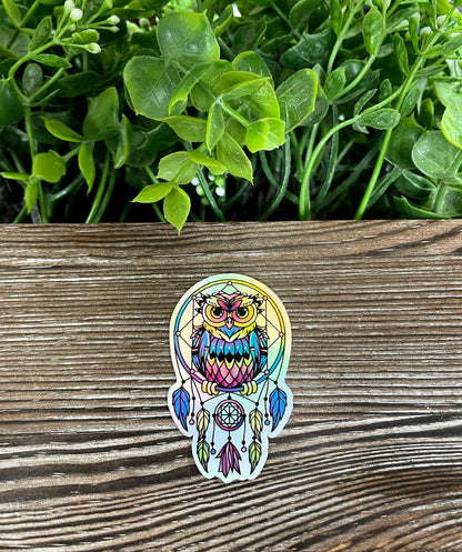 Colorful Owl Dreamcatcher, Die Cut Vinyl Sticker, Boho Fun, Water Resistant, Mystical Witchy Magic, Pink Blue Yellow |Sticker or Magnet