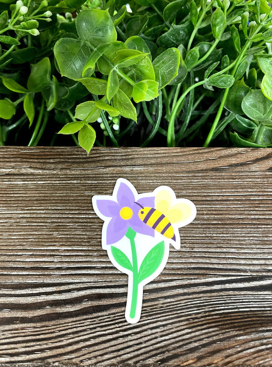 Purple Flower and Bumblebee, Die Cut Vinyl Sticker, Boho Fun, Water Resistant, Yellow Bee |Sticker or Magnet
