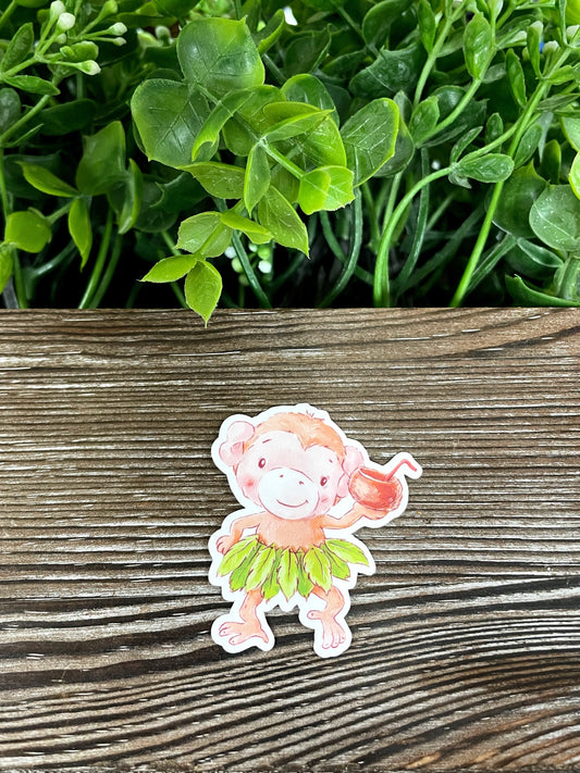 Watercolor Monkey w/ Hula Skirt, Die Cut Vinyl Sticker, Boho Fun, Water Resistant, Zoo Animals |Sticker or Magnet