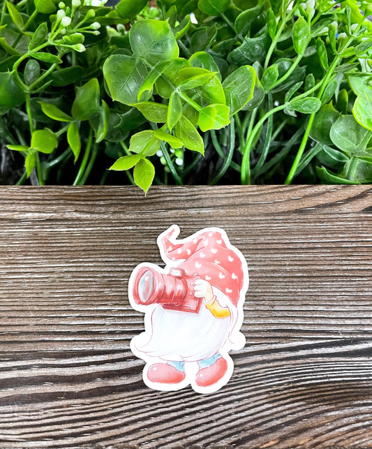 Watercolor Photographer Gnome, Die Cut Vinyl Sticker, Boho Fun, Water Resistant, Artsy Creative Hippie |Sticker or Magnet