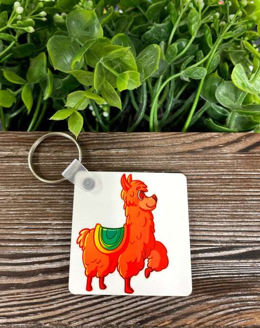 Llama w/ Saddle, MDF Square Keychain, , Boho Fun, Country Western Alpaca - Handmade by Marlayna