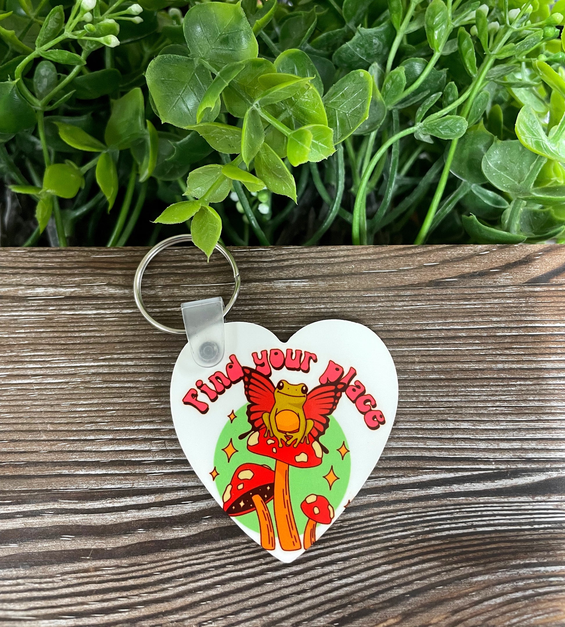 Find Your Place, MDF Heart Keychain, , Boho Fun, Mushrooms Fungi Toadstools, Frog w/ Wings - Handmade by Marlayna