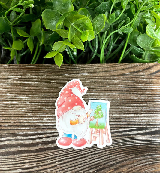 Watercolor Artist Gnome Painting, Die Cut Vinyl Sticker, Boho Fun, Water Resistant, Artsy Creative Hippie |Sticker or Magnet