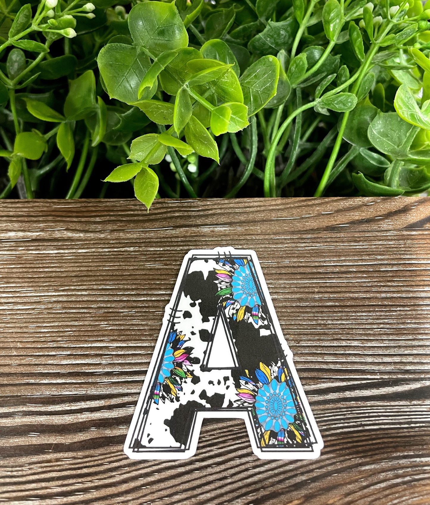 Initial A, Die Cut Vinyl Sticker, Boho Fun, Water Resistant, Southwestern Country, Cowhide Turquoise |Sticker or Magnet