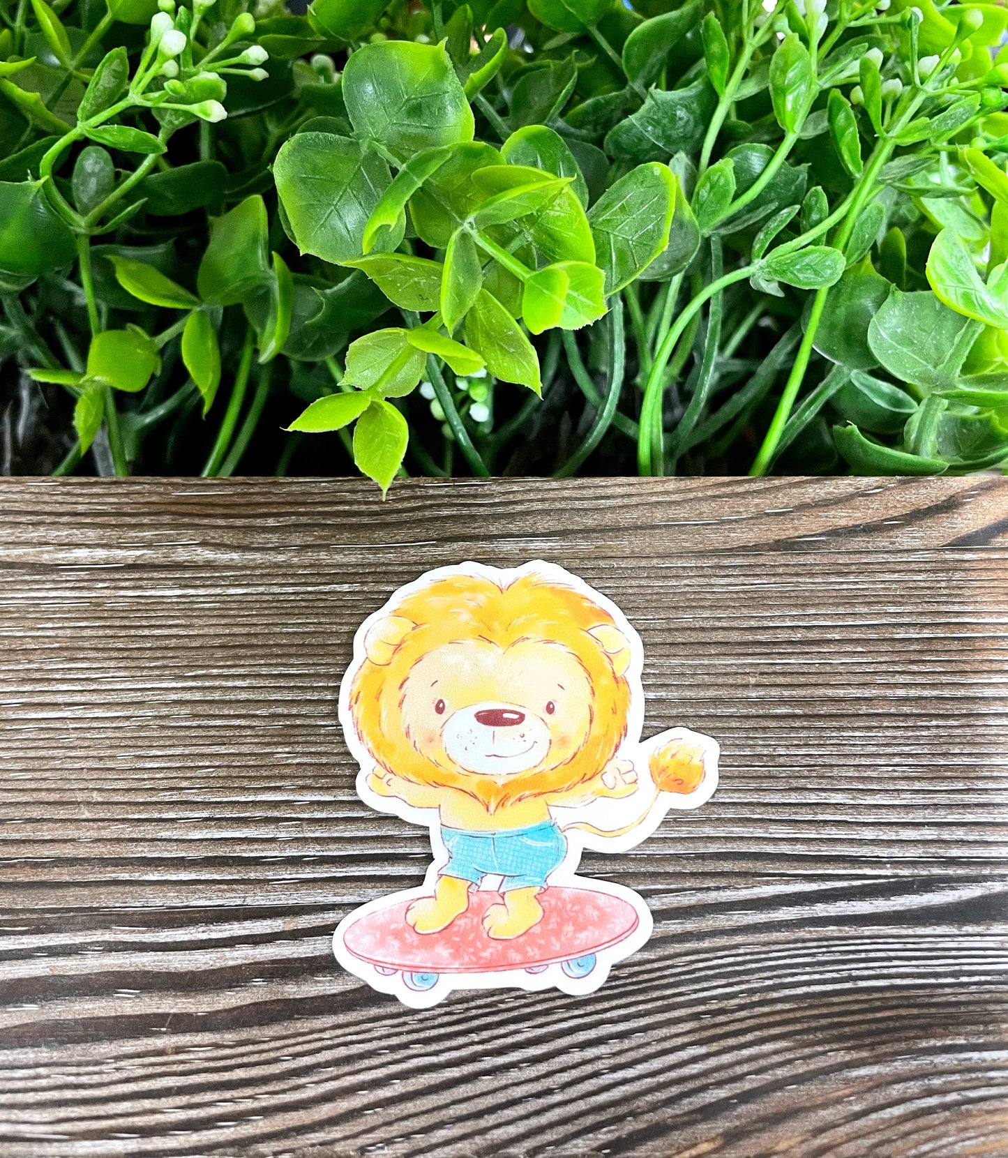Watercolor Lion on a Skateboard, Die Cut Vinyl Sticker, Boho Fun, Water Resistant, Zoo Animals |Sticker or Magnet