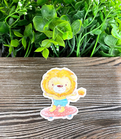 Watercolor Lion on a Skateboard, Die Cut Vinyl Sticker, Boho Fun, Water Resistant, Zoo Animals |Sticker or Magnet