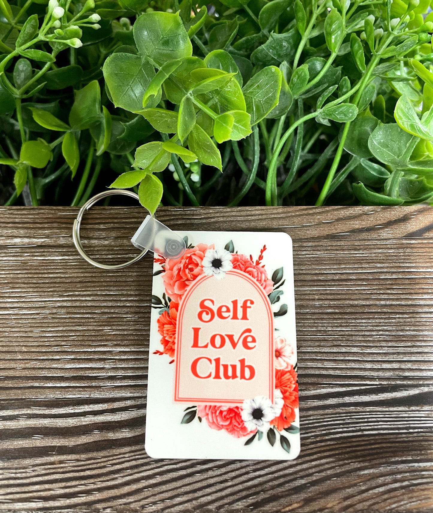 Self Love Club, MDF Rectangle Keychain, , Boho Fun, Motivational Encourage Inspire, Flowers Theme - Handmade by Marlayna