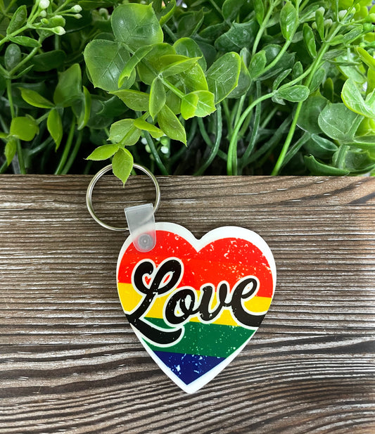 Rainbow Heart Love, MDF Heart Keychain, , Boho Fun, Human Rights Equality Women Support - Handmade by Marlayna