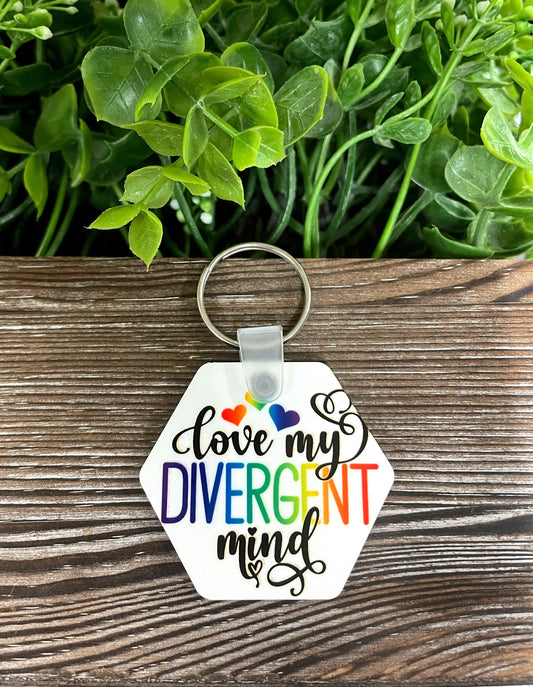 Love My Divergent Mind, MDF Hexagon Keychain, , Boho Fun, Human Rights Equality Women Support, Neurodivergent ADHD - Handmade by Marlayna