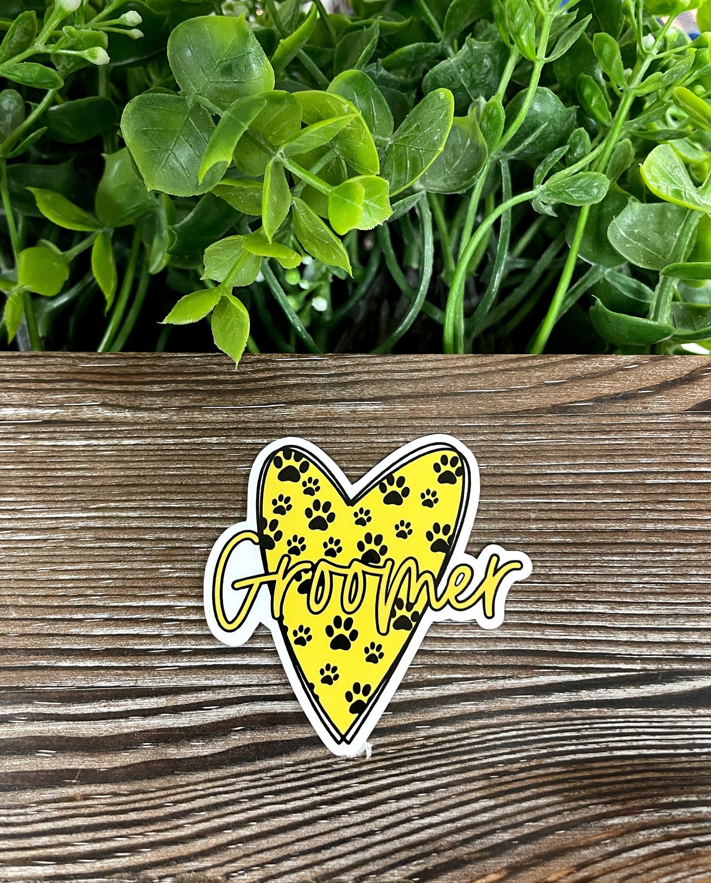 Pet Groomer, Die Cut Vinyl Sticker, Boho Fun, Water Resistant, Dog Mom Animal Lover, Yellow Heart Pawprints |Sticker or Magnet