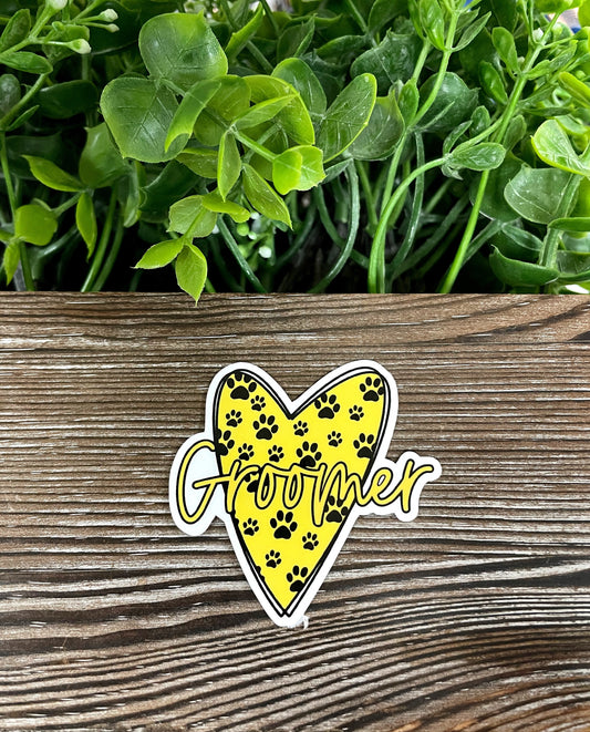 Pet Groomer, Die Cut Vinyl Sticker, Boho Fun, Water Resistant, Dog Mom Animal Lover, Yellow Heart Pawprints |Sticker or Magnet