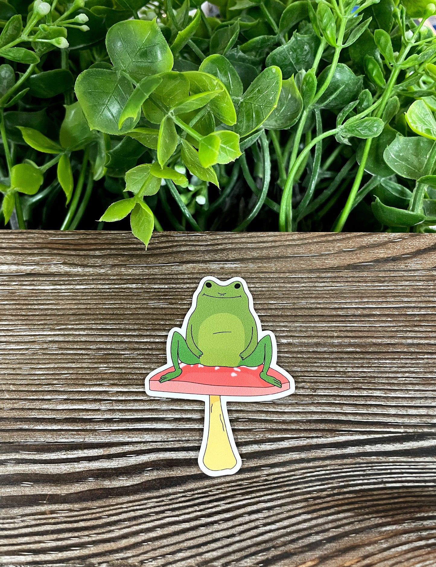 Green Frog Sitting on Mushroom, Die Cut Vinyl Sticker, Boho Fun, Water Resistant, Fungi Shrooms Toadstool |Sticker or Magnet