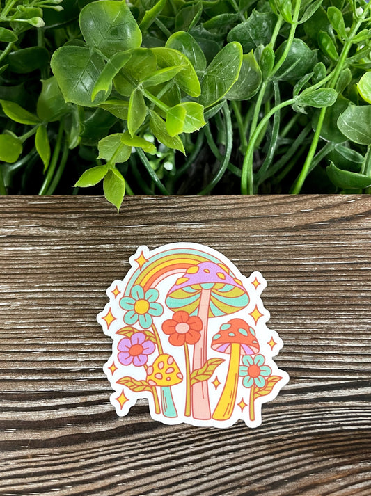 Bright Colorful Neon Mushrooms and Flowers, Die Cut Vinyl Sticker, Boho Fun, Water Resistant, Fungi Shrooms Toadstool |Sticker or Magnet