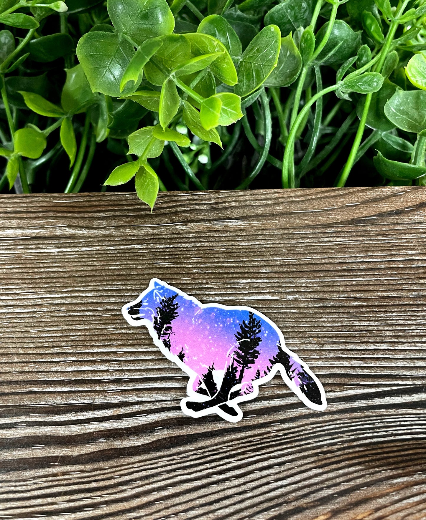 Galaxy Wolf Silhouette w/ Trees, Die Cut Vinyl Sticker, Boho Fun, Water Resistant, Dog Mom Animal Lover, Purple and Blue |Sticker or Magnet