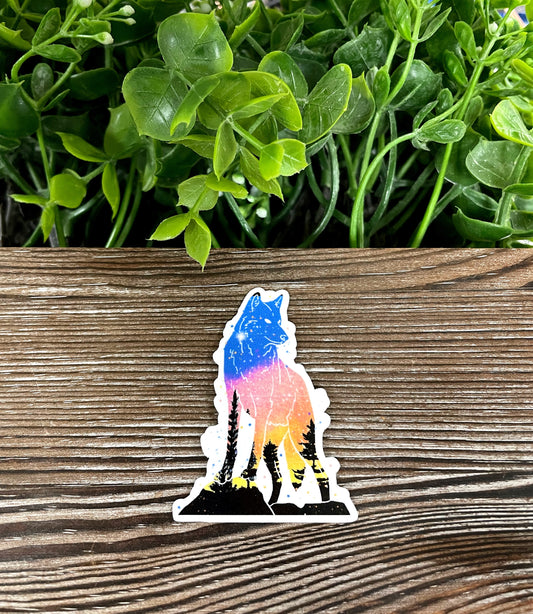 Standing Galaxy Wolf Silhouette, Die Cut Vinyl Sticker, Boho Fun, Water Resistant, Dog Mom Animal Lover, Yellow and Blue |Sticker or Magnet