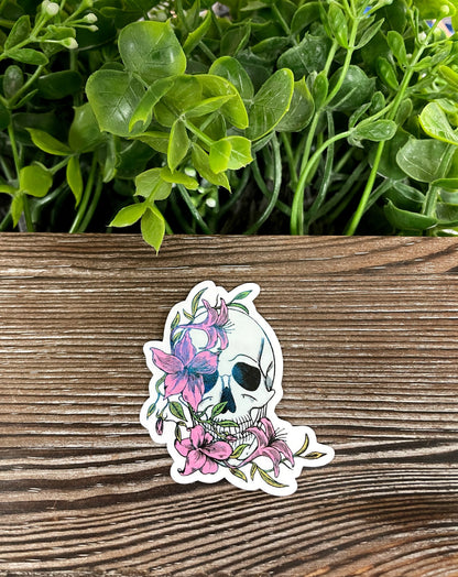 Skull w/ Pink Lilies, Die Cut Vinyl Sticker, Boho Fun, Water Resistant, Green Leaves |Sticker or Magnet