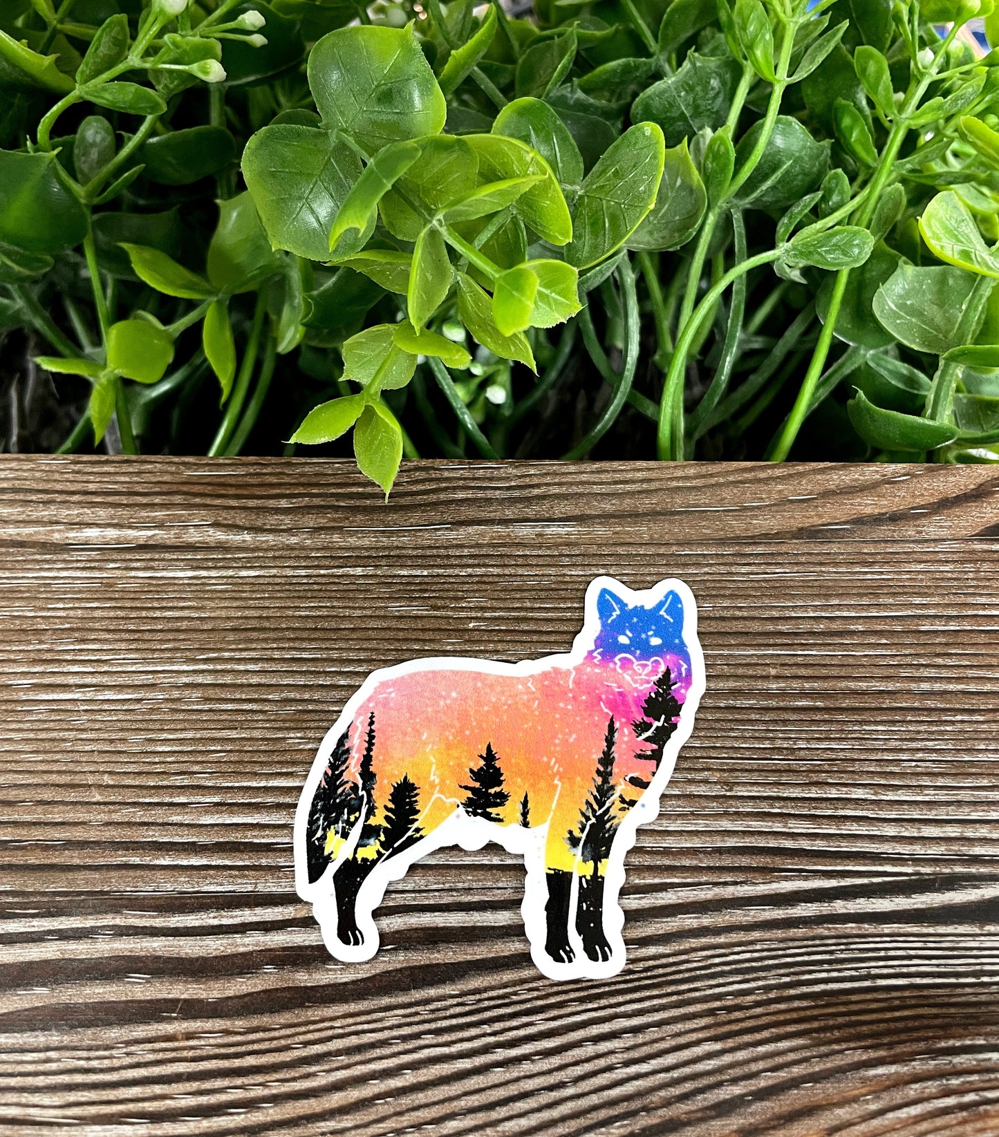 Galaxy Wolf Silhouette, Die Cut Vinyl Sticker, Boho Fun, Water Resistant, Dog Mom Animal Lover, Yellow and Blue Lightning |Sticker or Magnet