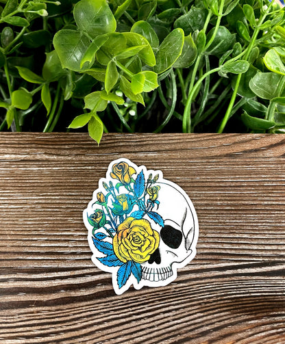 Skull w/ Yellow Flowers, Die Cut Vinyl Sticker, Boho Fun, Water Resistant, Blue Leaves |Sticker or Magnet