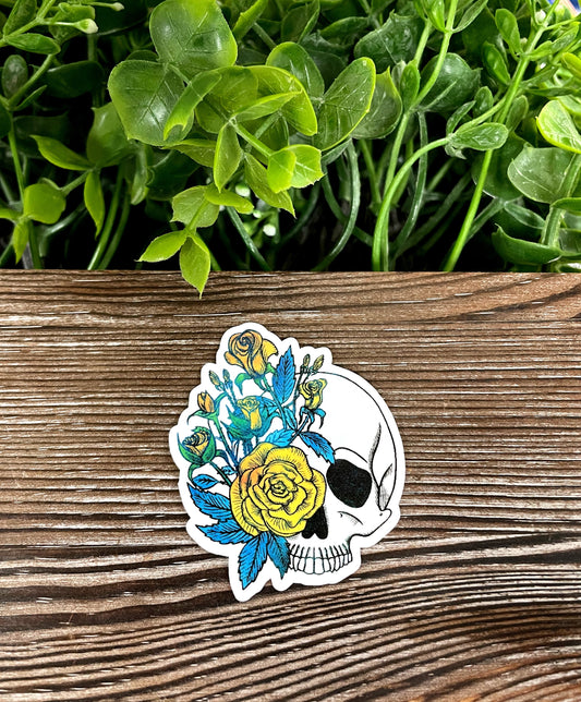 Skull w/ Yellow Flowers, Die Cut Vinyl Sticker, Boho Fun, Water Resistant, Blue Leaves |Sticker or Magnet
