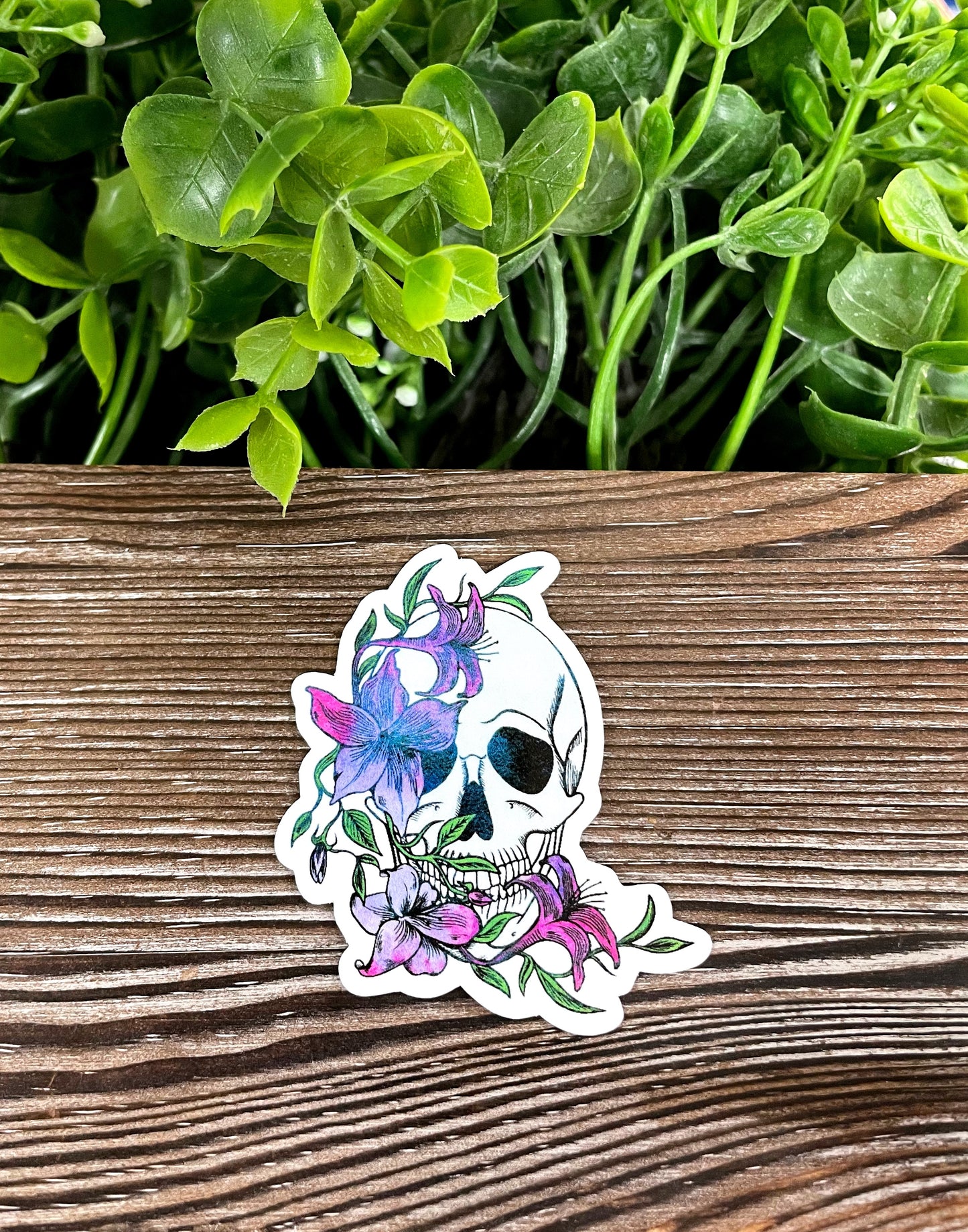 Skull w/ Draping Purple Flowers, Die Cut Vinyl Sticker, Boho Fun, Water Resistant, Green Leaves, Mystical Bones |Sticker or Magnet