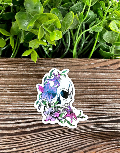Skull w/ Draping Purple Flowers, Die Cut Vinyl Sticker, Boho Fun, Water Resistant, Green Leaves, Mystical Bones |Sticker or Magnet