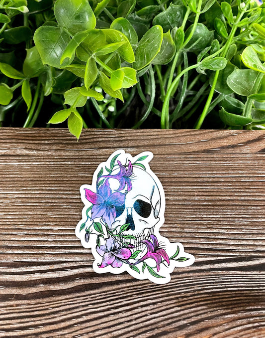 Skull w/ Draping Purple Flowers, Die Cut Vinyl Sticker, Boho Fun, Water Resistant, Green Leaves, Mystical Bones |Sticker or Magnet