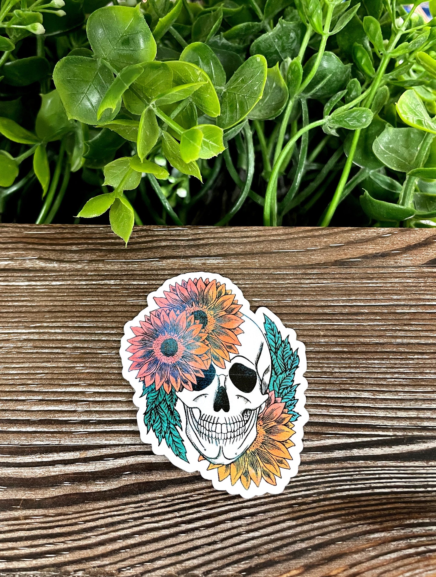 Skull w/ Orange Flowers, Die Cut Vinyl Sticker, Boho Fun, Water Resistant, Green Leaves, Mystical Bones |Sticker or Magnet