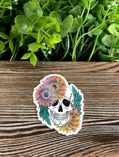 Skull w/ Orange Flowers, Die Cut Vinyl Sticker, Boho Fun, Water Resistant, Green Leaves, Mystical Bones |Sticker or Magnet