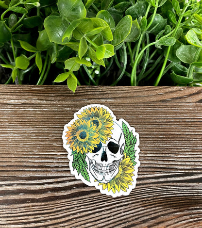 Skull w/ Flowers, Die Cut Vinyl Sticker, Boho Fun, Water Resistant, Sunflower Yellow Green Leaves |Sticker or Magnet