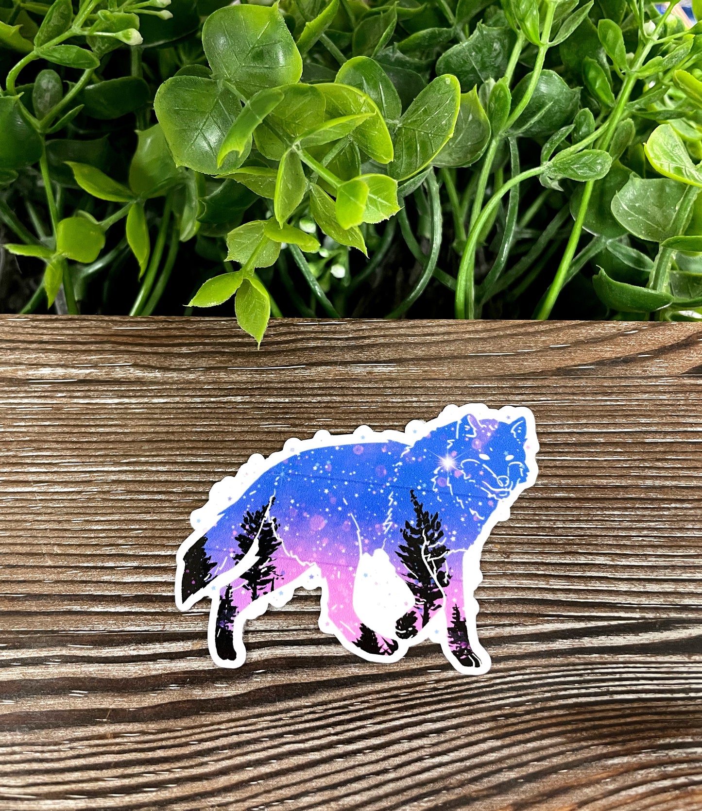 Galaxy Space Wolf Silhouette w/ Trees, Die Cut Vinyl Sticker, Boho Fun, Water Resistant, Dog Mom Animal Lover, Pink and Blue Watercolor |Sticker or Magnet